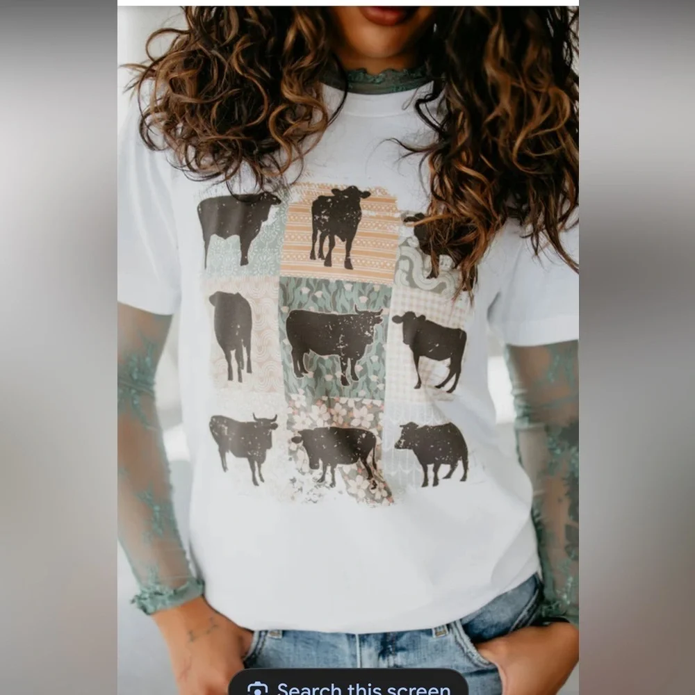 Lily & Lottie Cow Grid Graphic Tee White Short Sleeve Womens Size Small